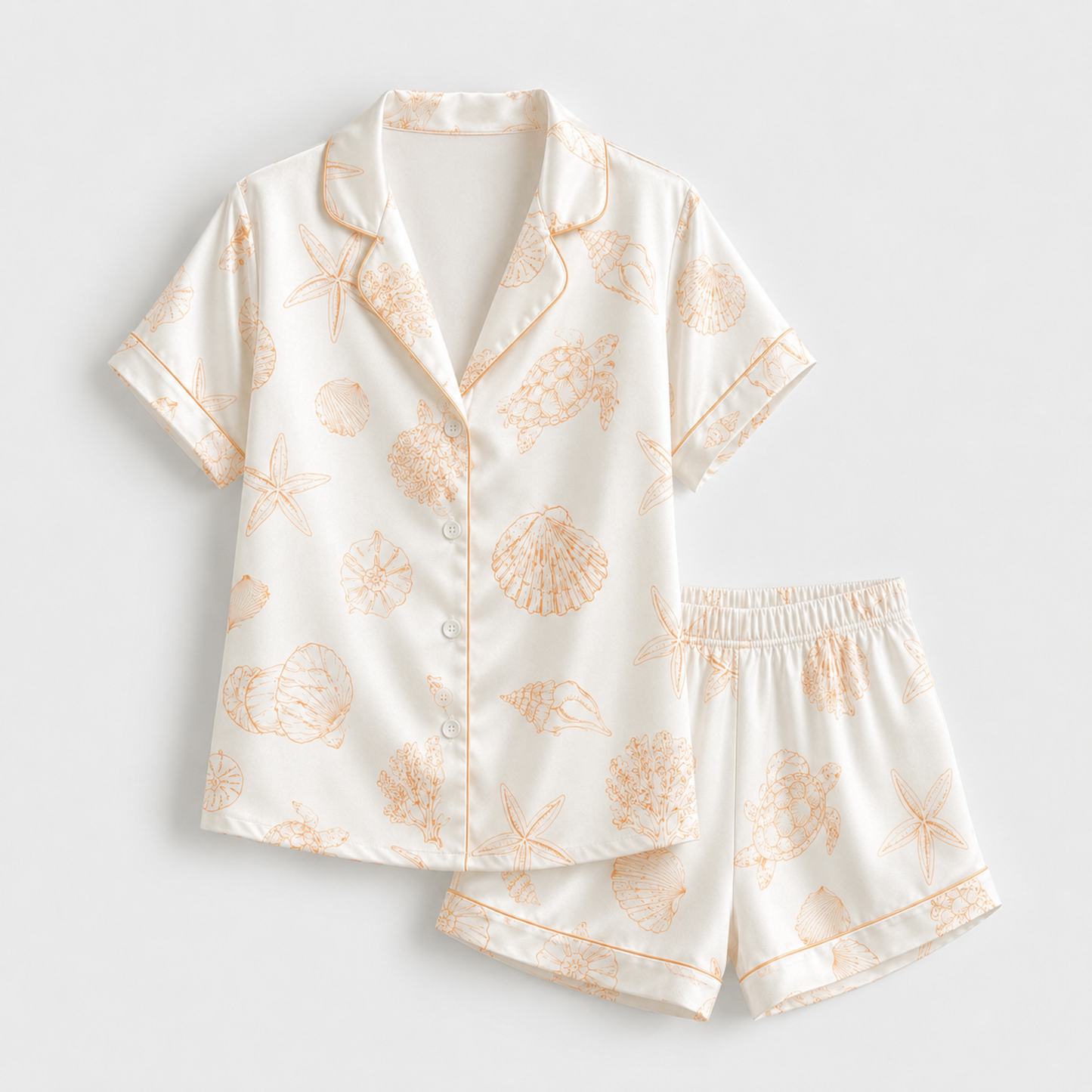 PJ-M152-Orange Sea Turtle Seashell Sketch Satin Pajamas Coastal Line Art Sleepwear Pjs