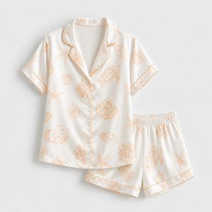 PJ-M152-Orange Sea Turtle Seashell Sketch Satin Pajamas Coastal Line Art Sleepwear Pjs