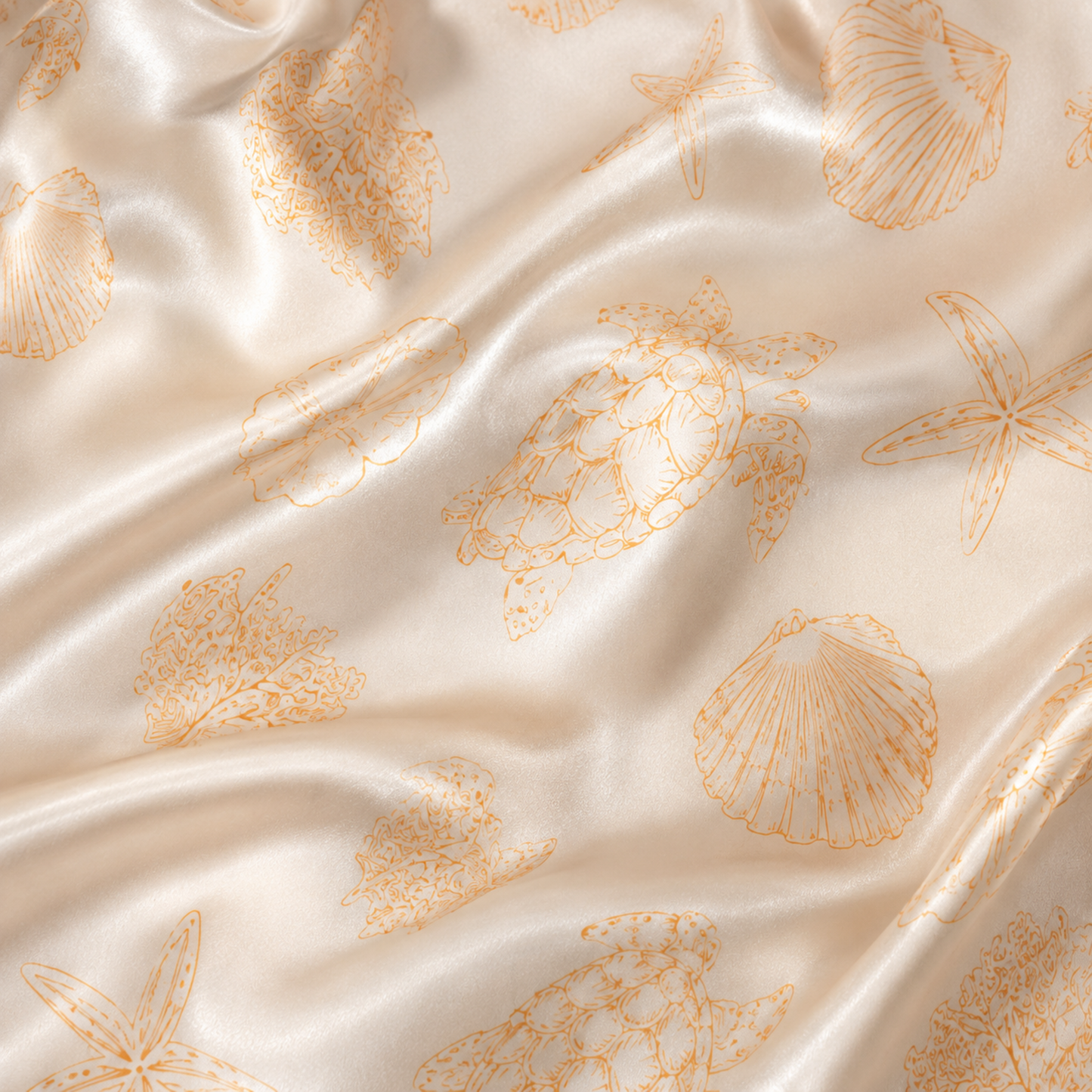 PJ-M152-Orange Sea Turtle Seashell Sketch Satin Pajamas Coastal Line Art Sleepwear Pjs