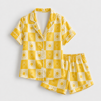 PJ-M153-Yellow Satin Checkerboard Pajama Apparel, Bright Sun Pattern Loungewear Sleepwear Collection Top Bottom Clothing