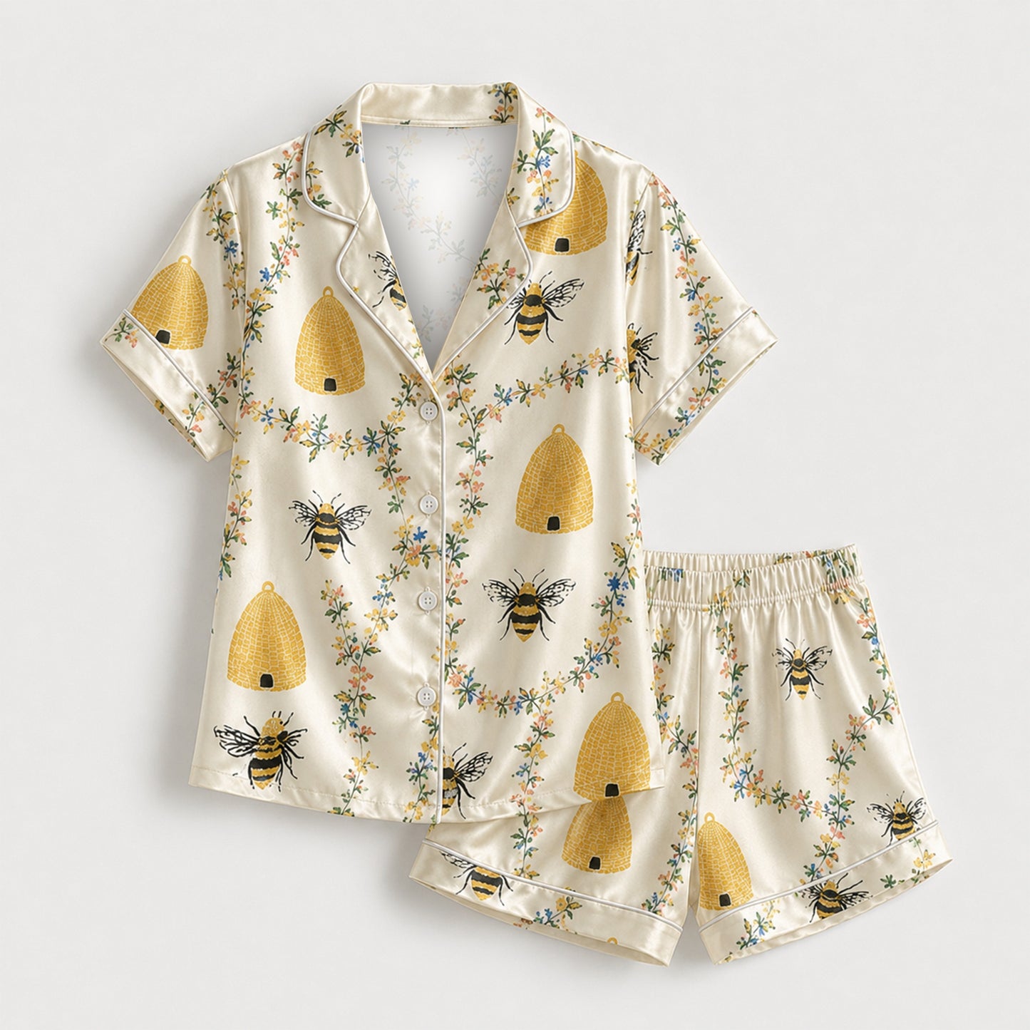 PJ-M155-Honey Bee Floral Satin Pajama Set Ivory Sleepwear Two Piece Loungewear Button Up Pjs