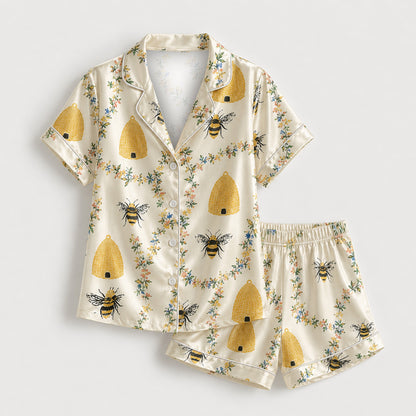 PJ-M155-Honey Bee Floral Satin Pajama Set Ivory Sleepwear Two Piece Loungewear Button Up Pjs