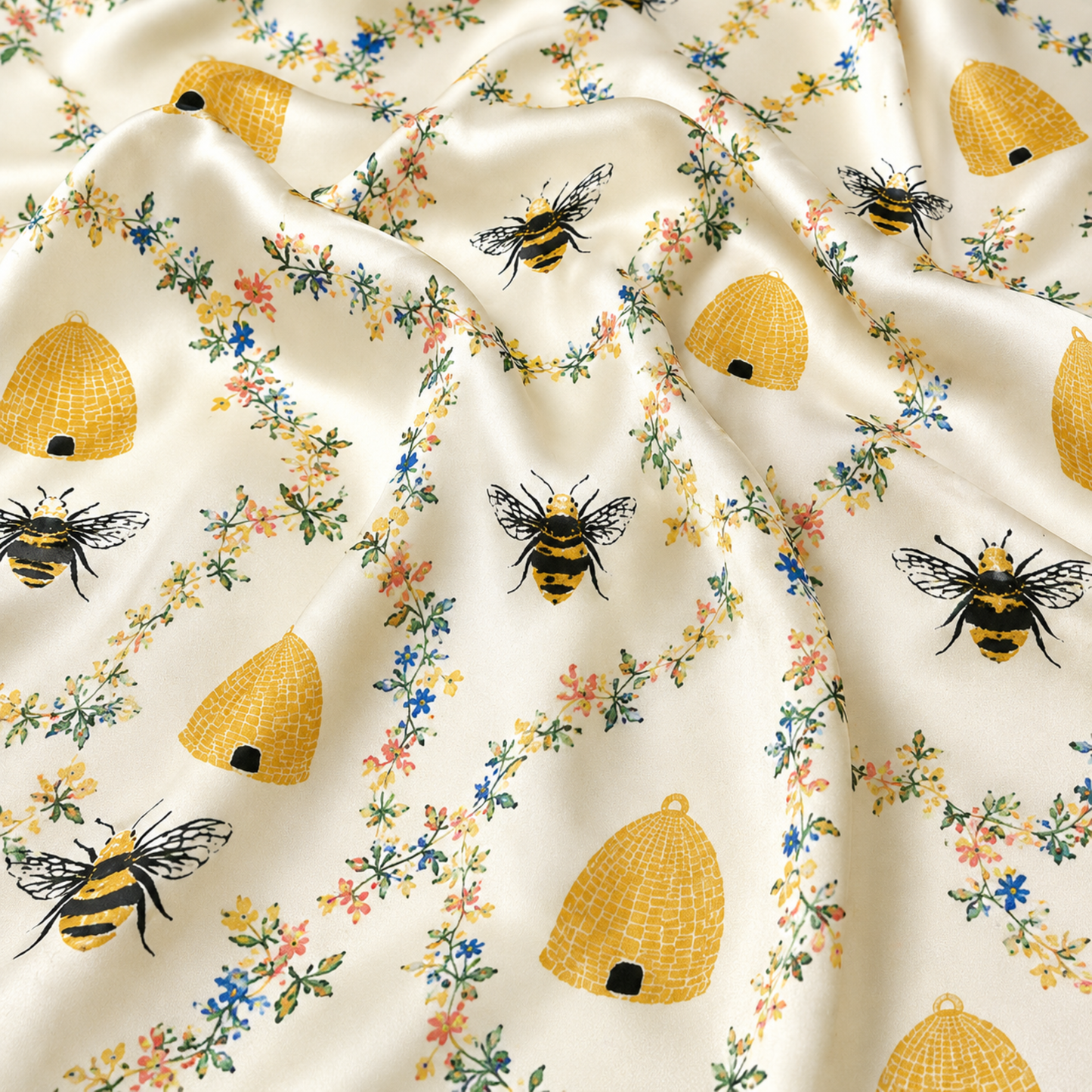 PJ-M155-Honey Bee Floral Satin Pajama Set Ivory Sleepwear Two Piece Loungewear Button Up Pjs