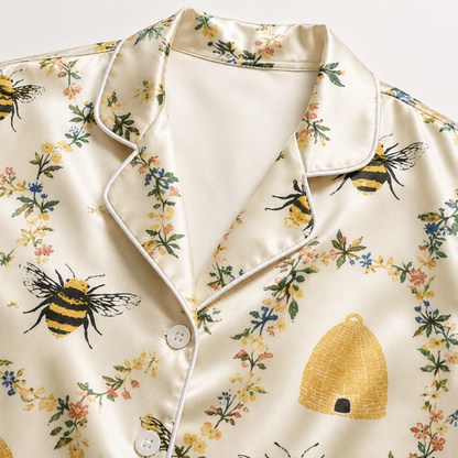 PJ-M155-Honey Bee Floral Satin Pajama Set Ivory Sleepwear Two Piece Loungewear Button Up Pjs
