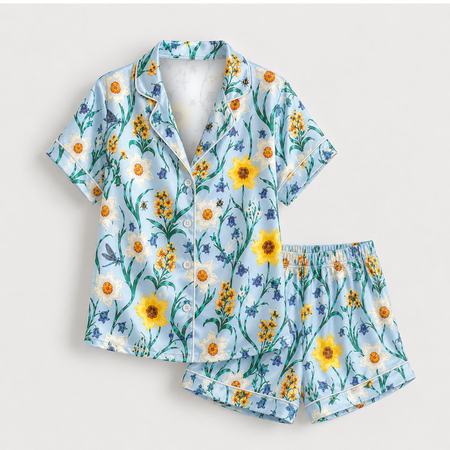 PJ-M156-Light Blue Wildflower Satin Pajamas Botanical Garden Sleepwear Two Piece Button Up Loungewear