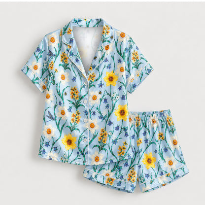 PJ-M156-Light Blue Wildflower Satin Pajamas Botanical Garden Sleepwear Two Piece Button Up Loungewear