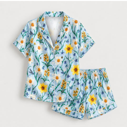 PJ-M156-Light Blue Wildflower Satin Pajamas Botanical Garden Sleepwear Two Piece Button Up Loungewear