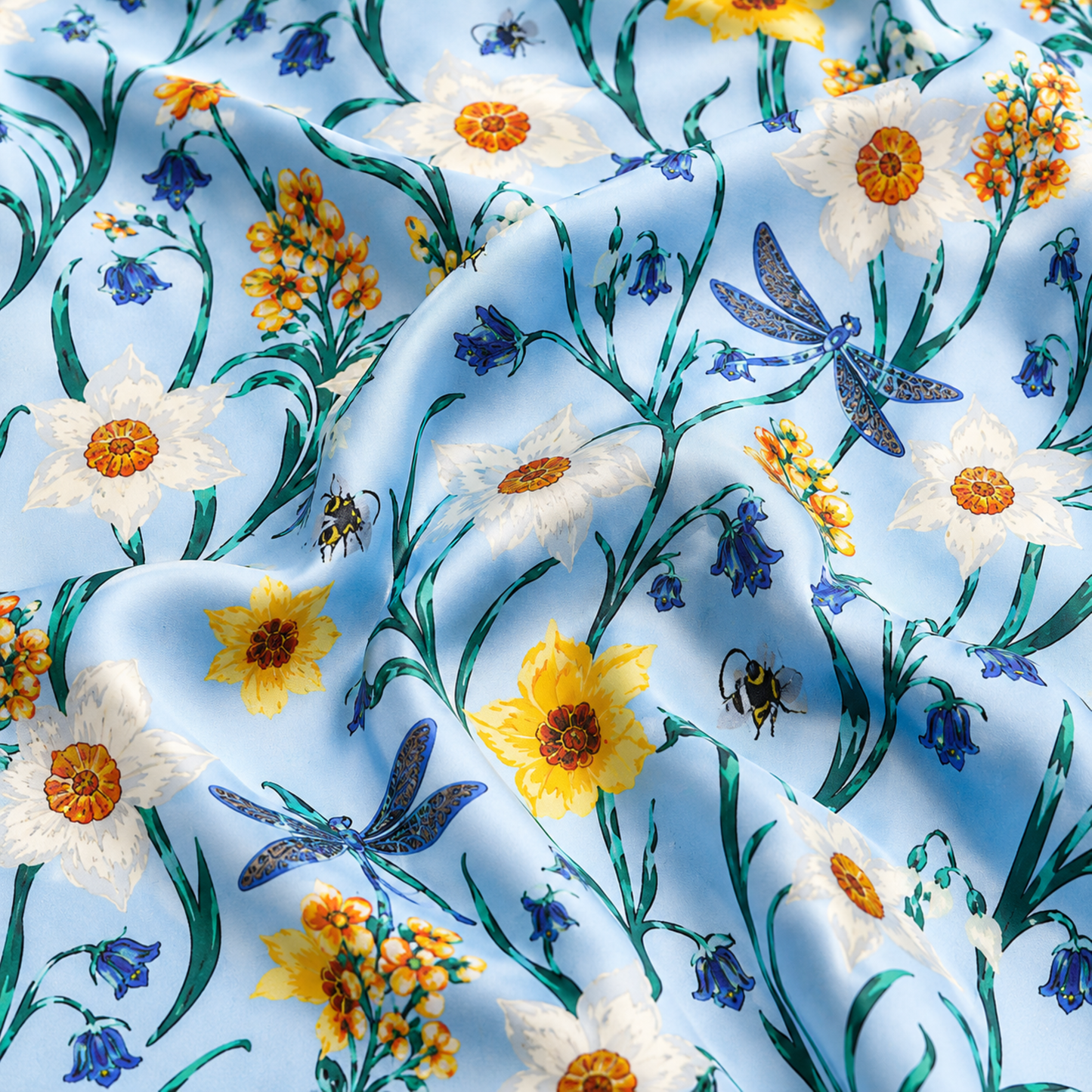 PJ-M156-Light Blue Wildflower Satin Pajamas Botanical Garden Sleepwear Two Piece Button Up Loungewear