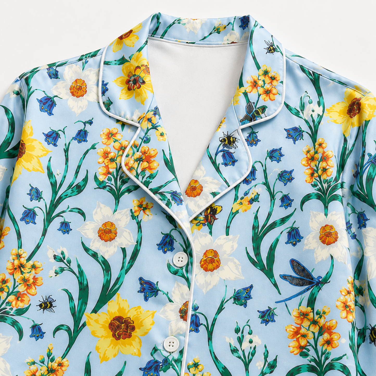 PJ-M156-Light Blue Wildflower Satin Pajamas Botanical Garden Sleepwear Two Piece Button Up Loungewear