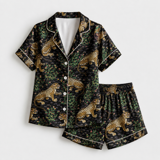 PJ-M157-Black Jungle Leopard Satin Pajama Set Animal Print Two Piece Sleepwear Button Up Loungewear