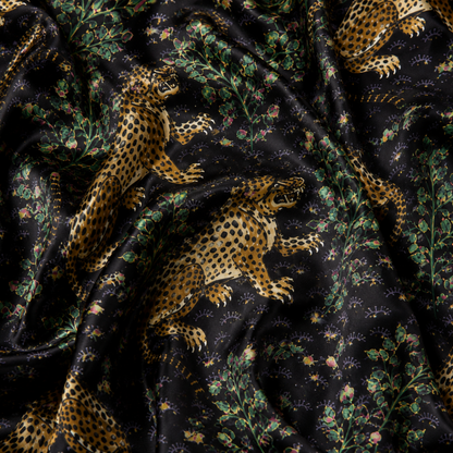 PJ-M157-Black Jungle Leopard Satin Pajama Set Animal Print Two Piece Sleepwear Button Up Loungewear