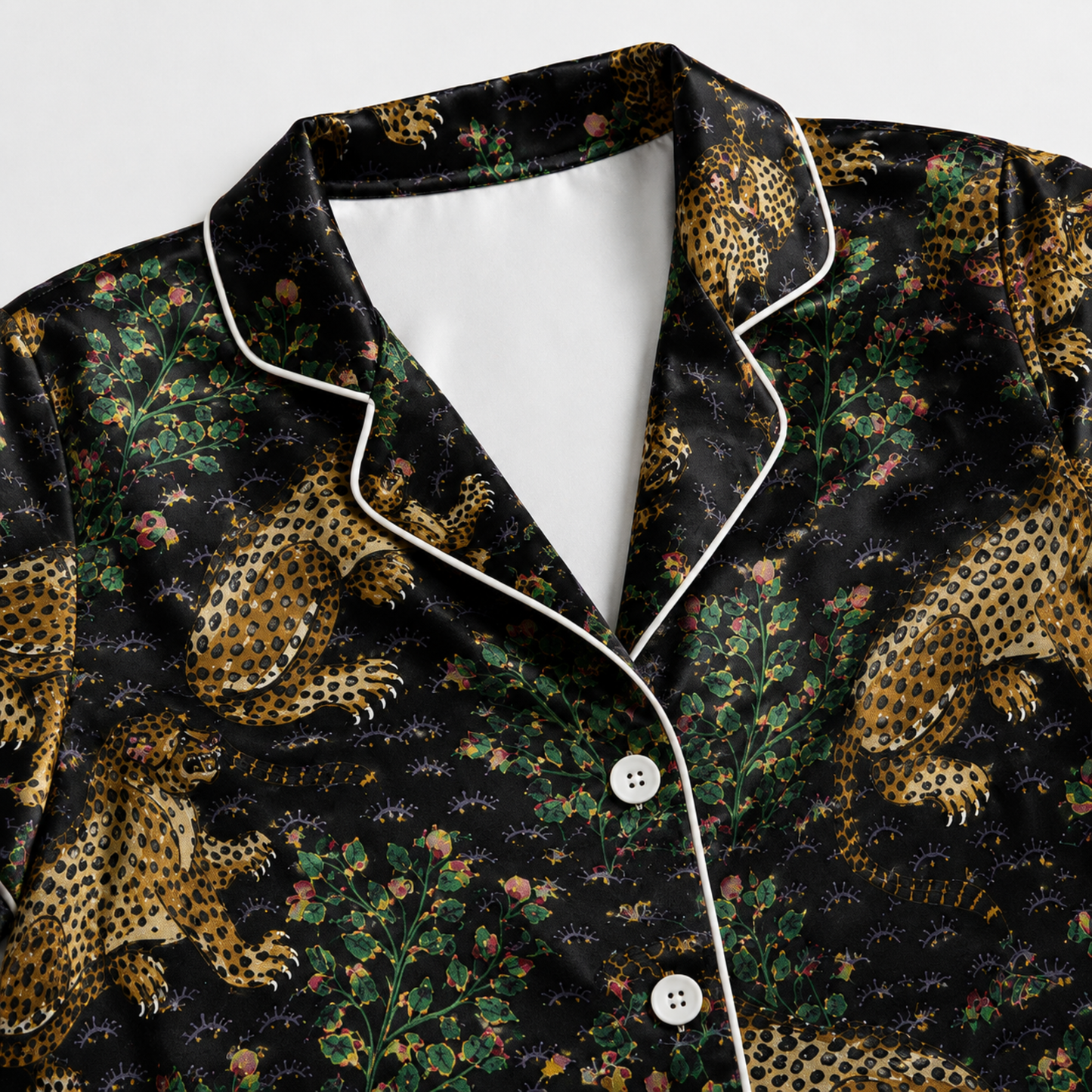 PJ-M157-Black Jungle Leopard Satin Pajama Set Animal Print Two Piece Sleepwear Button Up Loungewear
