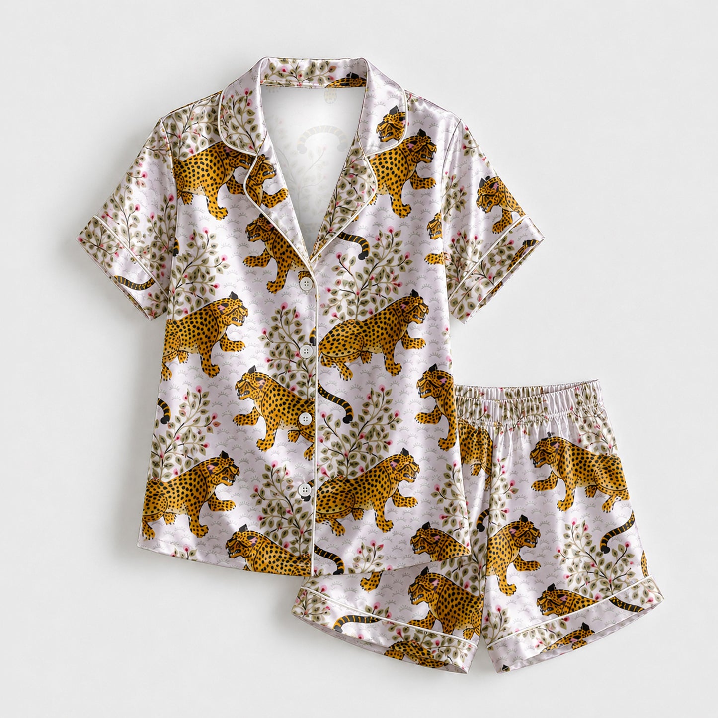 PJ-M158-White Leopard Satin Pajama Set Floral Animal Print Two Piece Sleepwear Button Down Pjs