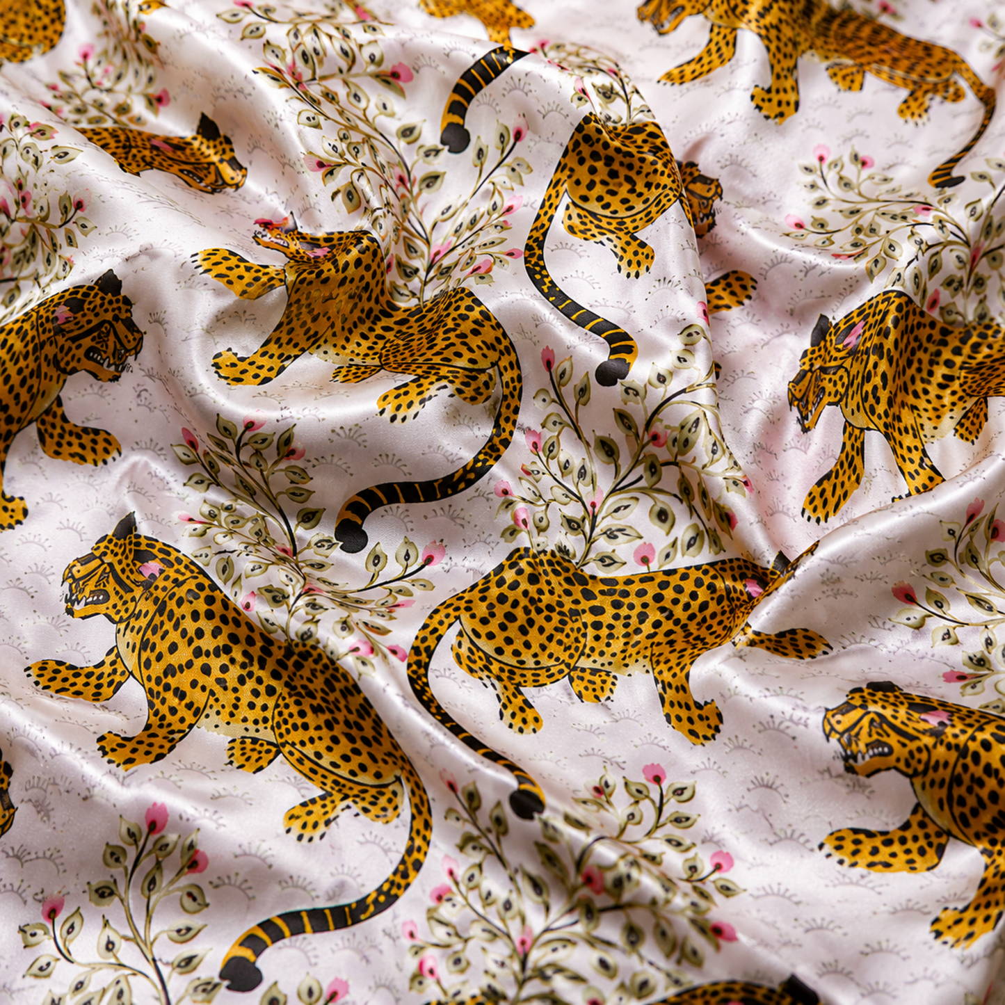 PJ-M158-White Leopard Satin Pajama Set Floral Animal Print Two Piece Sleepwear Button Down Pjs