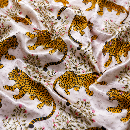 PJ-M158-White Leopard Satin Pajama Set Floral Animal Print Two Piece Sleepwear Button Down Pjs