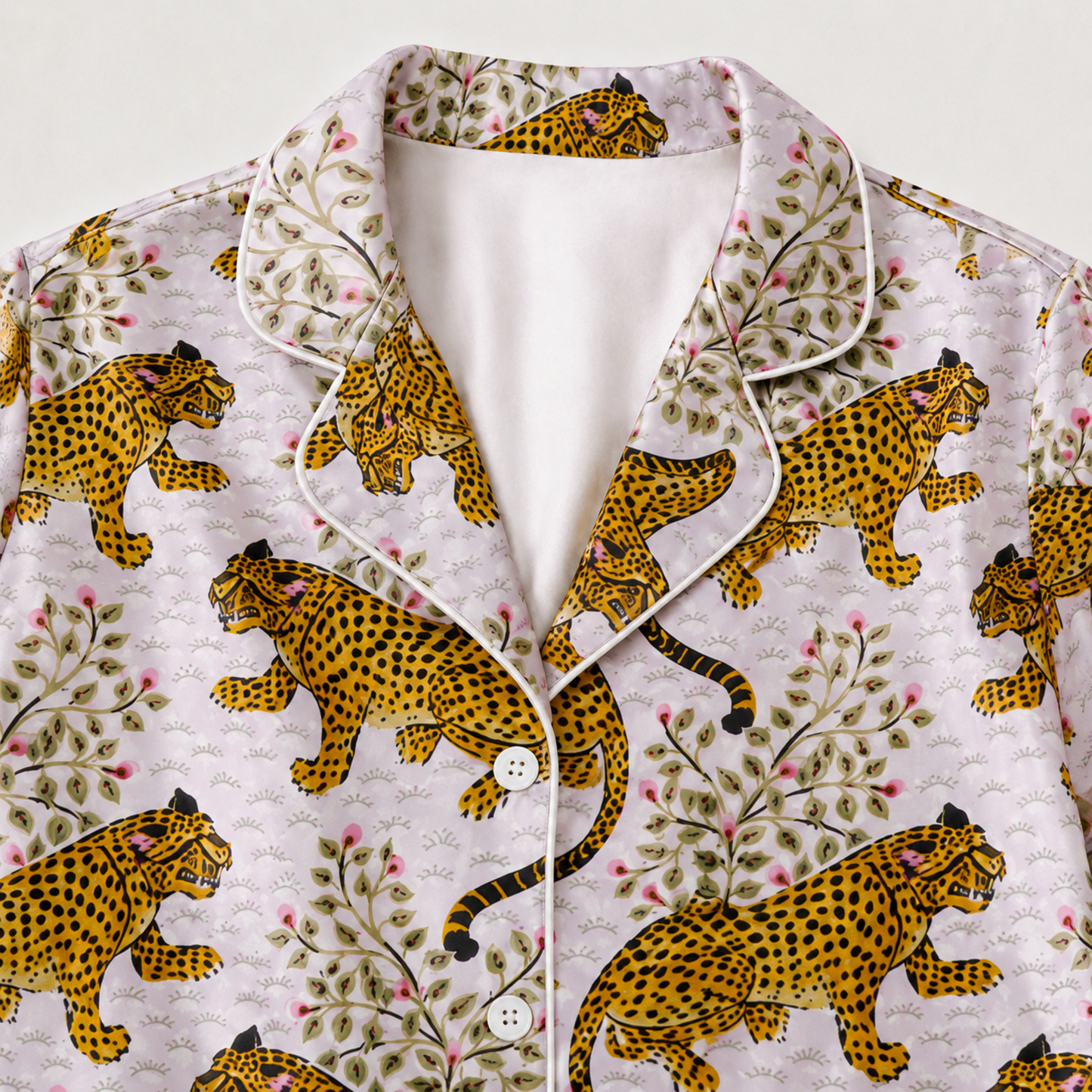 PJ-M158-White Leopard Satin Pajama Set Floral Animal Print Two Piece Sleepwear Button Down Pjs