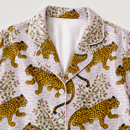 PJ-M158-White Leopard Satin Pajama Set Floral Animal Print Two Piece Sleepwear Button Down Pjs