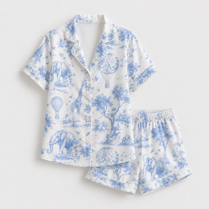 PJ-M159-Vintage Toile Safari Animal Satin Pajama Set Hot Air Balloon Two Piece Sleepwear Button Up Loungewear