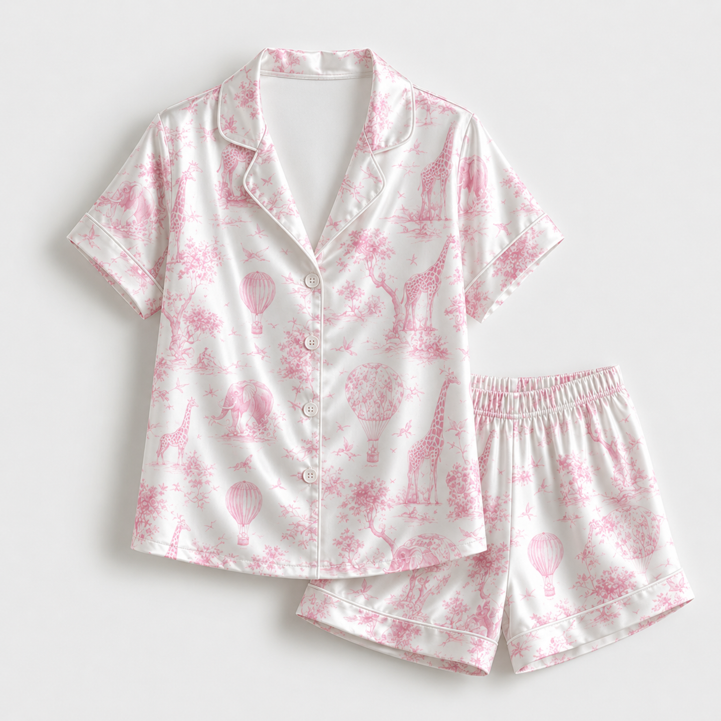 PJ-M159-Vintage Toile Safari Animal Satin Pajama Set Hot Air Balloon Two Piece Sleepwear Button Up Loungewear