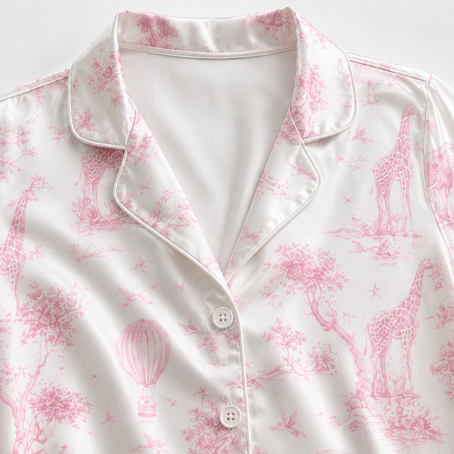 PJ-M159-Vintage Toile Safari Animal Satin Pajama Set Hot Air Balloon Two Piece Sleepwear Button Up Loungewear