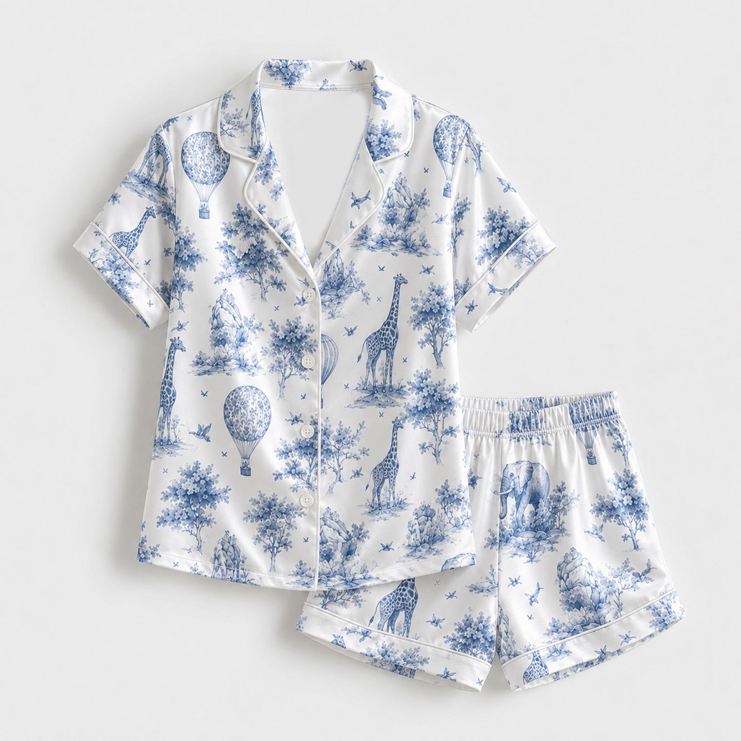 PJ-M159-Vintage Toile Safari Animal Satin Pajama Set Hot Air Balloon Two Piece Sleepwear Button Up Loungewear