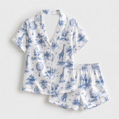 PJ-M159-Vintage Toile Safari Animal Satin Pajama Set Hot Air Balloon Two Piece Sleepwear Button Up Loungewear