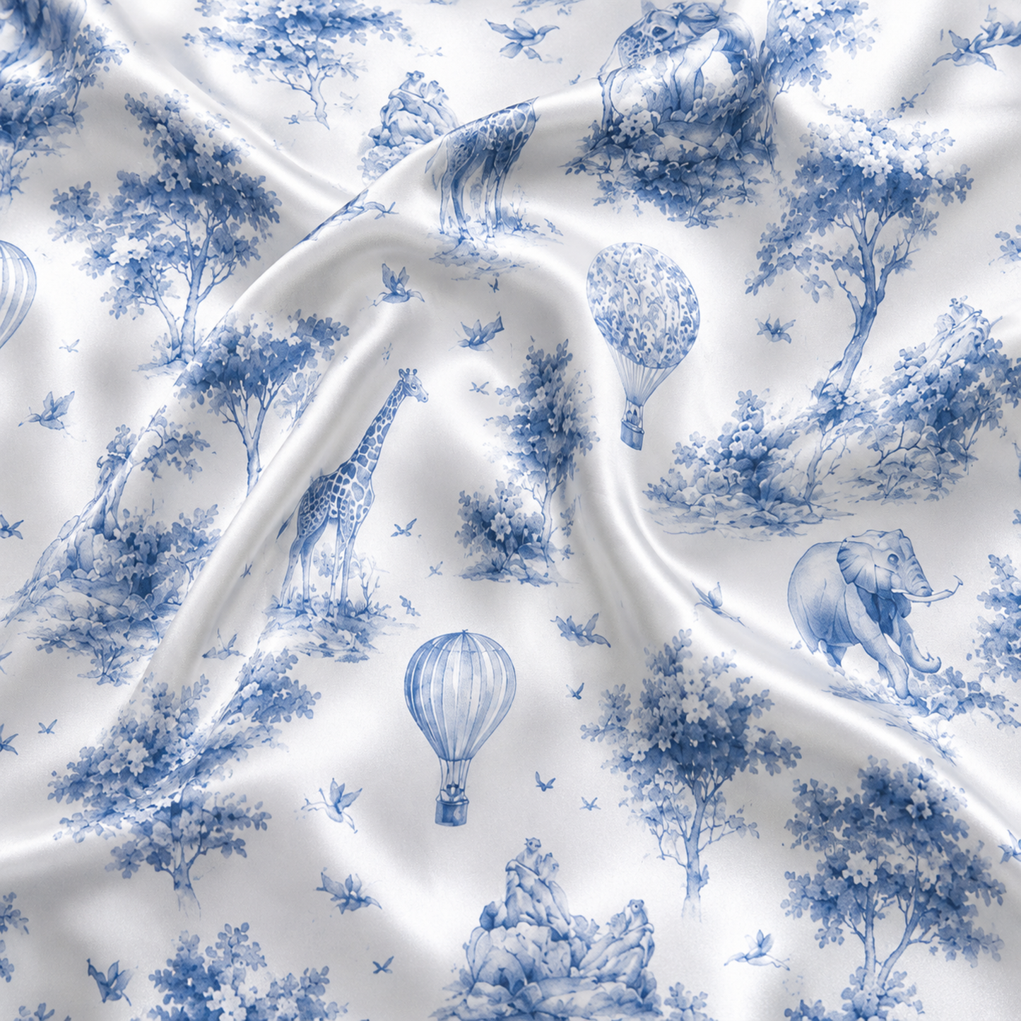 PJ-M159-Vintage Toile Safari Animal Satin Pajama Set Hot Air Balloon Two Piece Sleepwear Button Up Loungewear