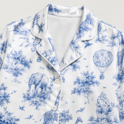 PJ-M159-Vintage Toile Safari Animal Satin Pajama Set Hot Air Balloon Two Piece Sleepwear Button Up Loungewear