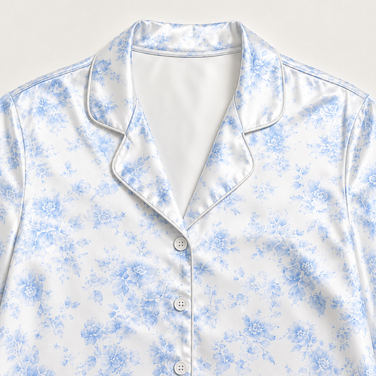 PJ-M160-Light Blue Floral Satin Pajama Set Ditsy Rose Two Piece Sleepwear Button Front Loungewear