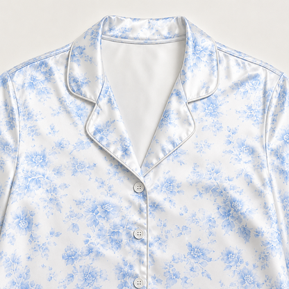 PJ-M160-Light Blue Floral Satin Pajama Set Ditsy Rose Two Piece Sleepwear Button Front Loungewear