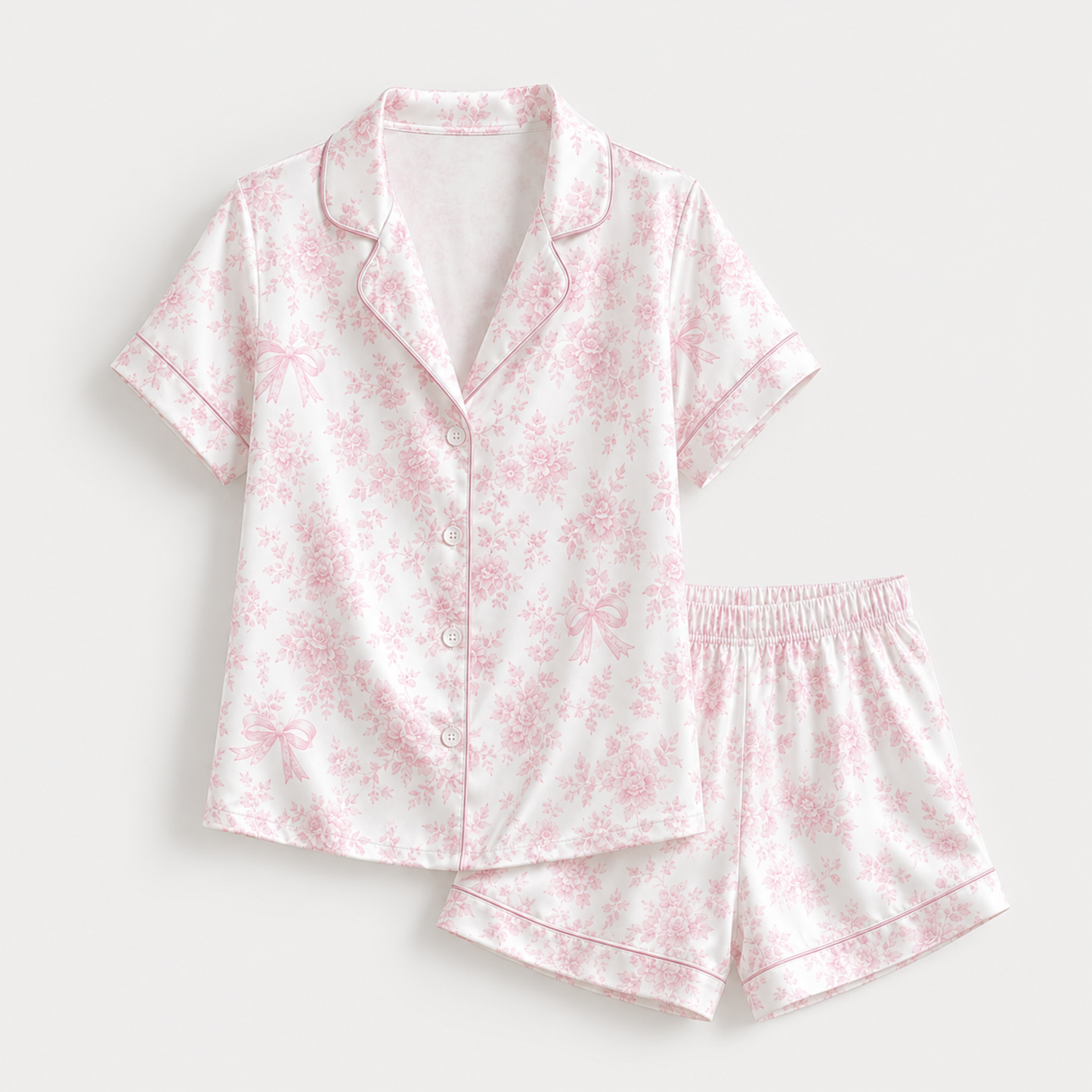 PJ-M161-Pink Floral Bow Satin Pajama Set Coquette Two Piece Sleepwear Button Front Loungewear
