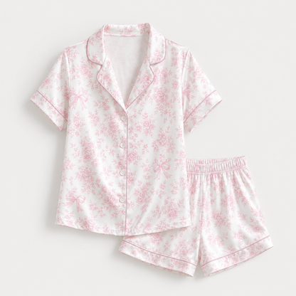 PJ-M161-Pink Floral Bow Satin Pajama Set Coquette Two Piece Sleepwear Button Front Loungewear