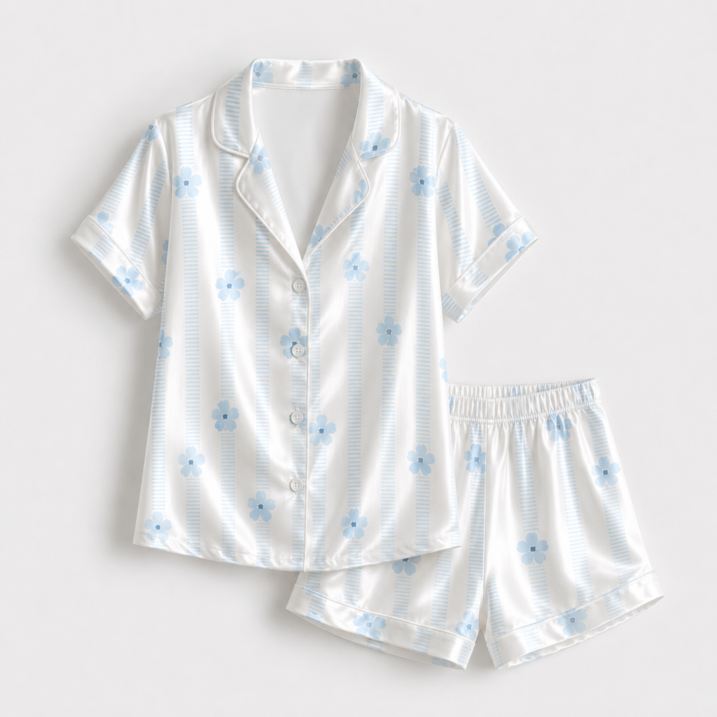 PJ-M162-Blue Floral Striped Satin Pajama Set Daisy Two Piece Sleepwear Button Up Loungewear