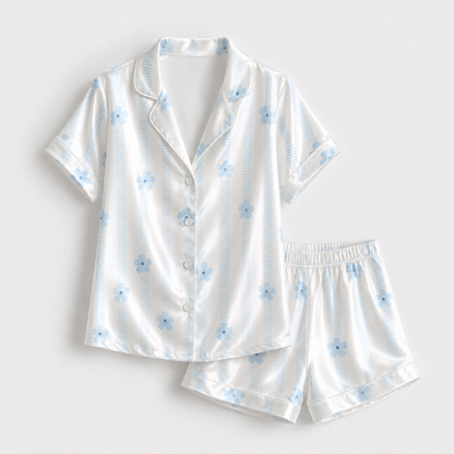 PJ-M162-Blue Floral Striped Satin Pajama Set Daisy Two Piece Sleepwear Button Up Loungewear
