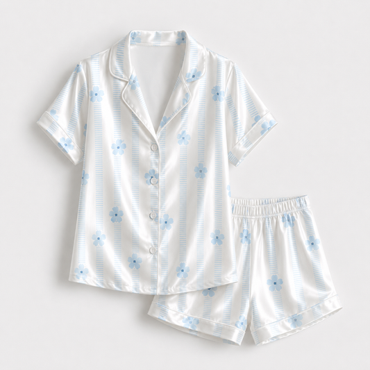 PJ-M162-Blue Floral Striped Satin Pajama Set Daisy Two Piece Sleepwear Button Up Loungewear