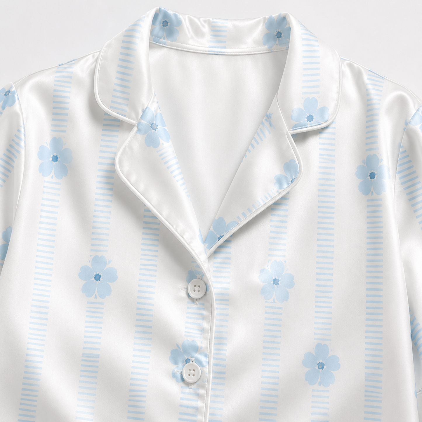 PJ-M162-Blue Floral Striped Satin Pajama Set Daisy Two Piece Sleepwear Button Up Loungewear