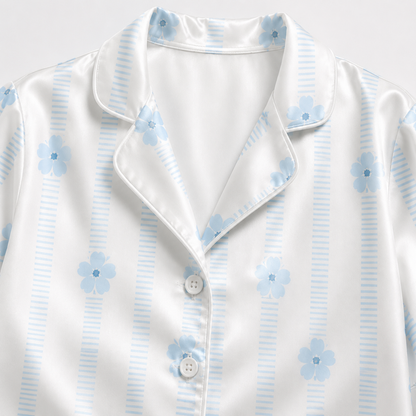 PJ-M162-Blue Floral Striped Satin Pajama Set Daisy Two Piece Sleepwear Button Up Loungewear