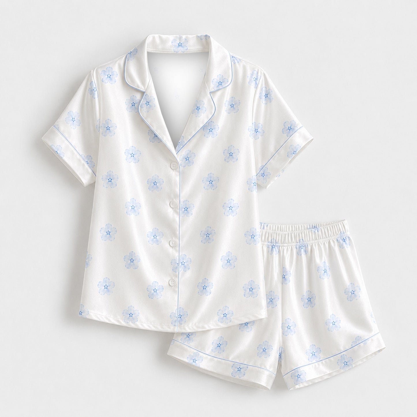 PJ-M163-White Light Blue Floral Satin Pajama Set Two Piece Sleepwear Button Up Daisy Loungewear