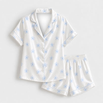 PJ-M163-White Light Blue Floral Satin Pajama Set Two Piece Sleepwear Button Up Daisy Loungewear
