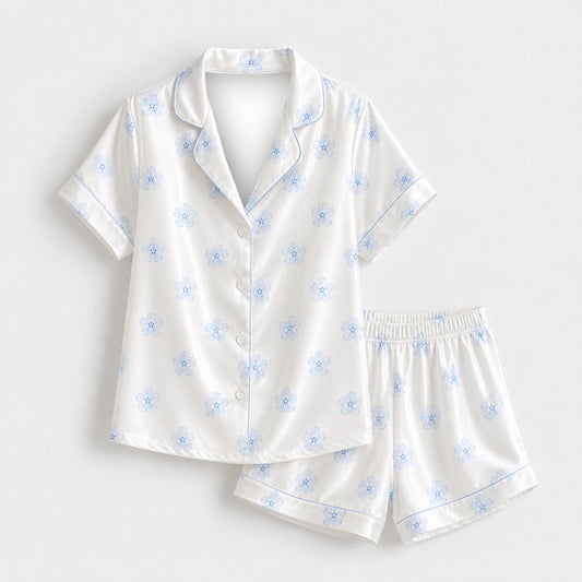 PJ-M163-White Light Blue Floral Satin Pajama Set Two Piece Sleepwear Button Up Daisy Loungewear