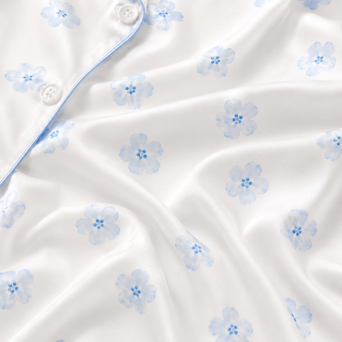 PJ-M163-White Light Blue Floral Satin Pajama Set Two Piece Sleepwear Button Up Daisy Loungewear
