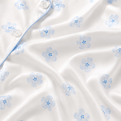 PJ-M163-White Light Blue Floral Satin Pajama Set Two Piece Sleepwear Button Up Daisy Loungewear