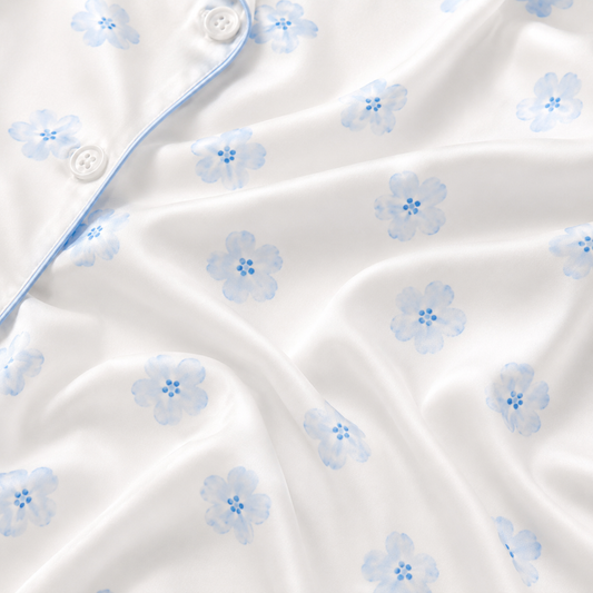 PJ-M163-White Light Blue Floral Satin Pajama Set Two Piece Sleepwear Button Up Daisy Loungewear