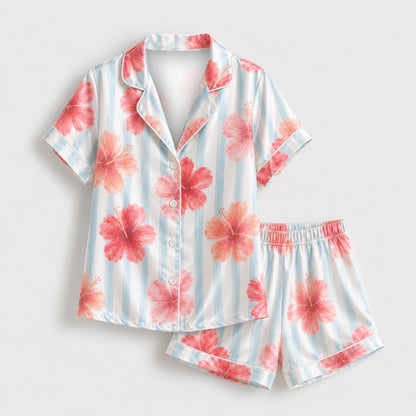 PJ-M164-Tropical Hibiscus Floral Striped Satin Pajama Set Pink Blue Two Piece Sleepwear Button Up Loungewear