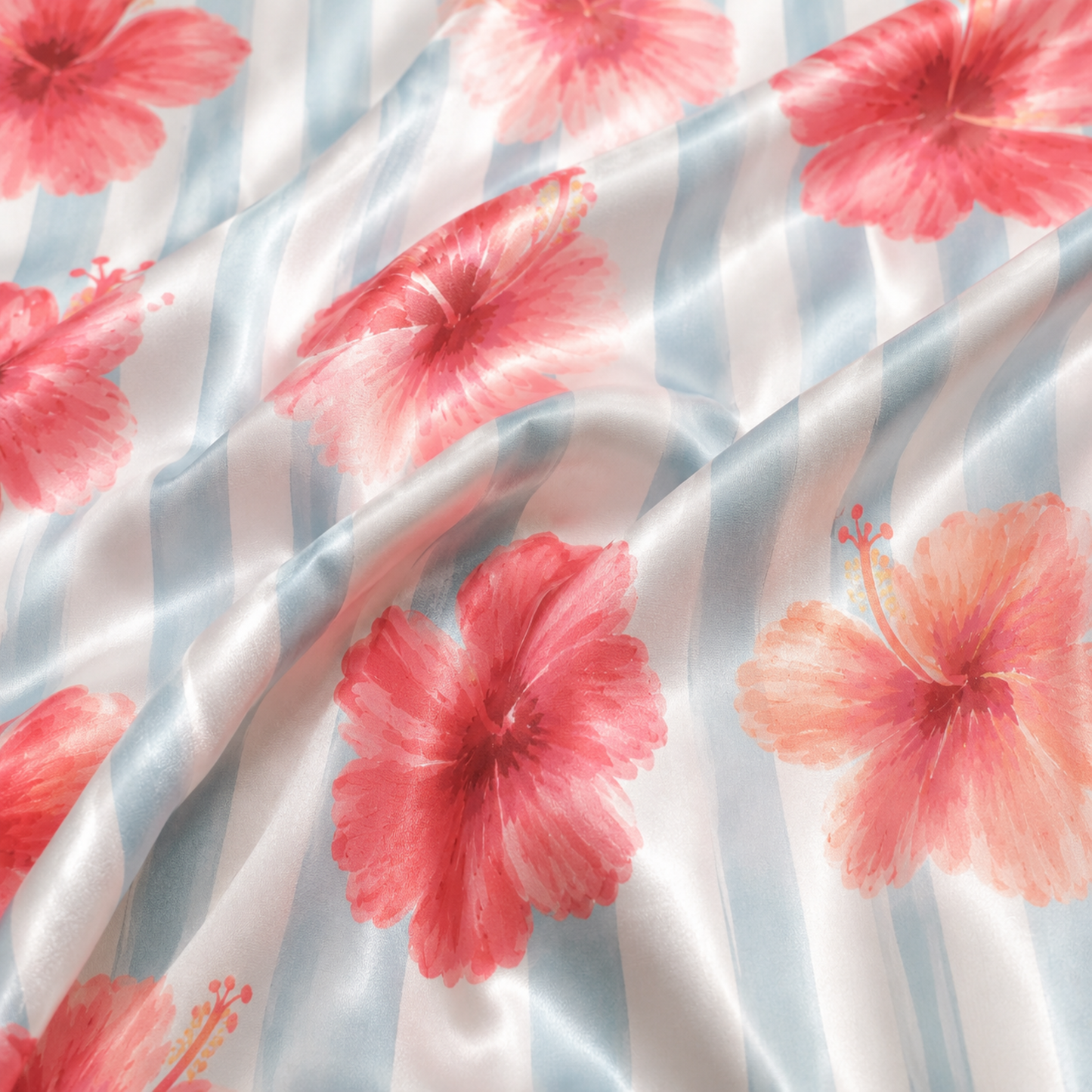 PJ-M164-Tropical Hibiscus Floral Striped Satin Pajama Set Pink Blue Two Piece Sleepwear Button Up Loungewear