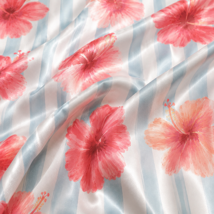 PJ-M164-Tropical Hibiscus Floral Striped Satin Pajama Set Pink Blue Two Piece Sleepwear Button Up Loungewear