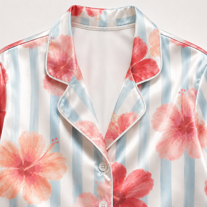PJ-M164-Tropical Hibiscus Floral Striped Satin Pajama Set Pink Blue Two Piece Sleepwear Button Up Loungewear