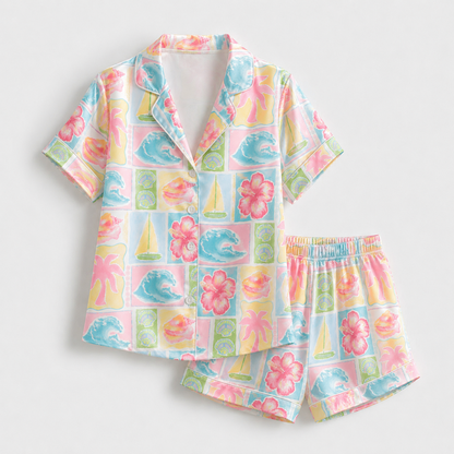 PJ-M165-Pastel Coastal Tropical Satin Pajama Set Patchwork Beach Two Piece Sleepwear Button Up Loungewear
