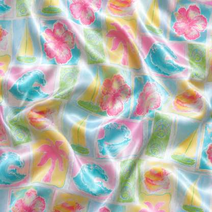 PJ-M165-Pastel Coastal Tropical Satin Pajama Set Patchwork Beach Two Piece Sleepwear Button Up Loungewear