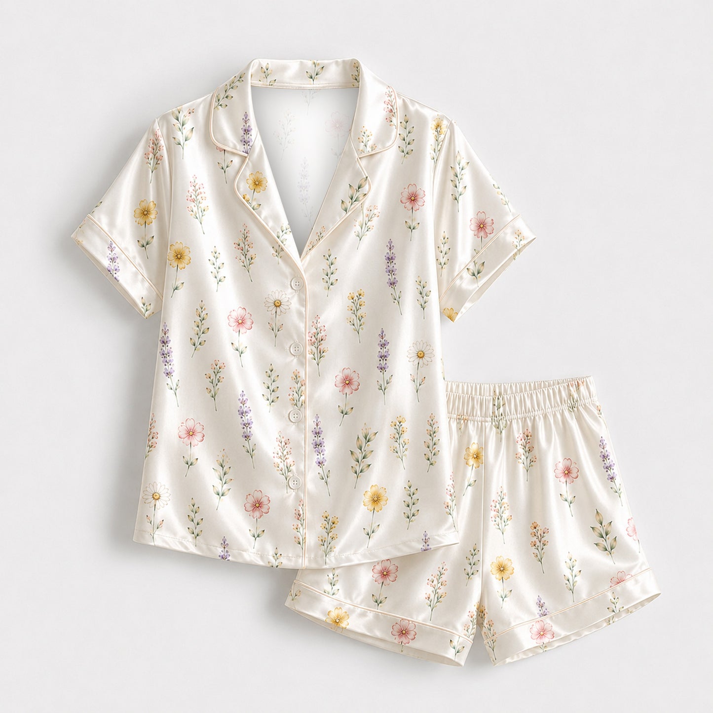 PJ-M166-Cream Wildflower Floral Satin Pajama Set Two Piece Sleepwear Button Up Botanical Loungewear